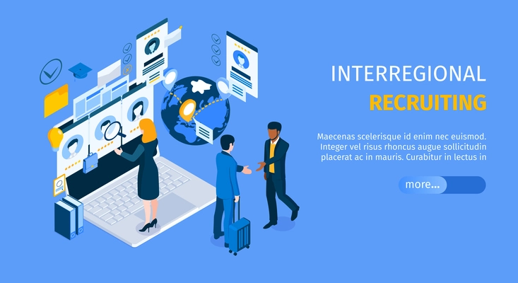 Interregional recruiting program landing page with standing on laptop agent searching candidates isometric web banner vector illustration