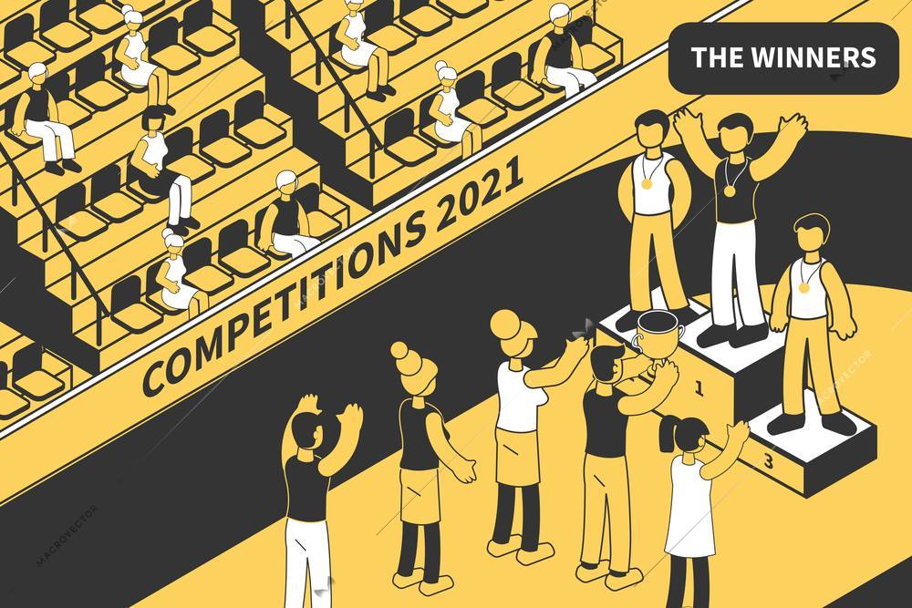 Competition winner isometric composition with view of sports venue with audience and athletes on victory podium vector illustration