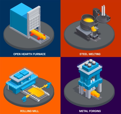 Metallurgy foundry industry isometric design concept with images of plant furnace rolling mill and other facilities vector illustration