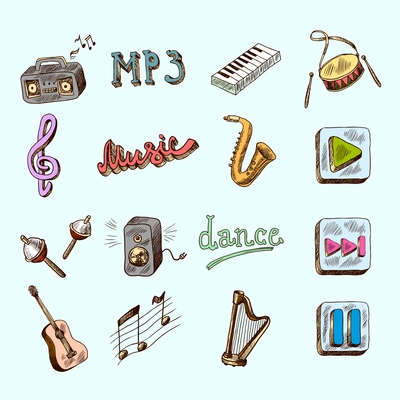 Set of music dance instruments hand drawn color icons in sketch style vector illustration