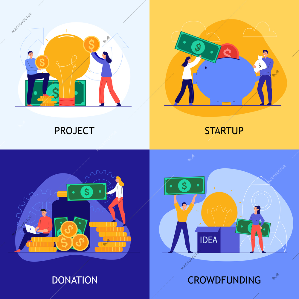 Crowdfunding concept icons set with donation symbols flat isolated vector illustration