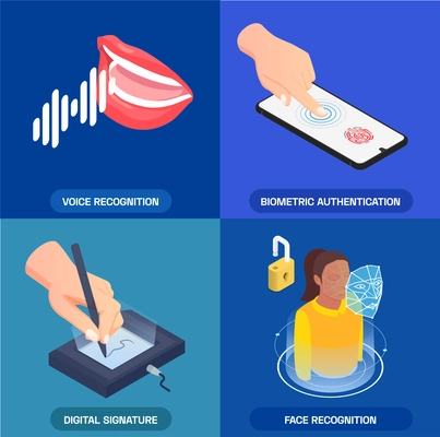 Biometric authentication 2x2 icons set with voice face fingerprint recognition and digital signature 3d isometric isolated vector illustration