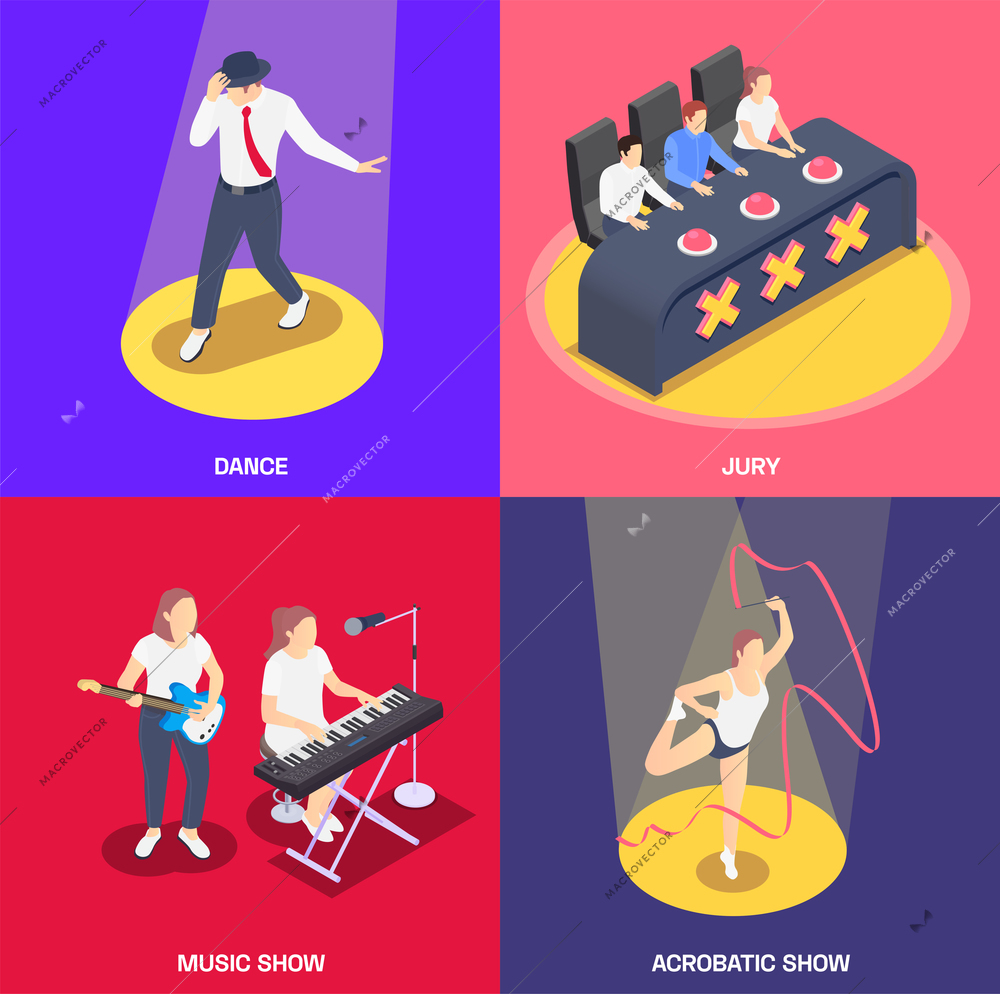 2x2 isometric icons set with jury people singing and dancing at talent contest 3d isolated vector illustration