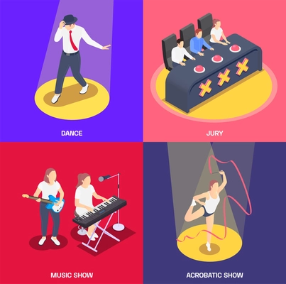 2x2 isometric icons set with jury people singing and dancing at talent contest 3d isolated vector illustration