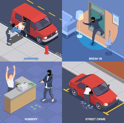 Crime isometric 2x2 icons set with gangsters robbing bank kidnapping breaking in car and house 3d isolated vector illustration
