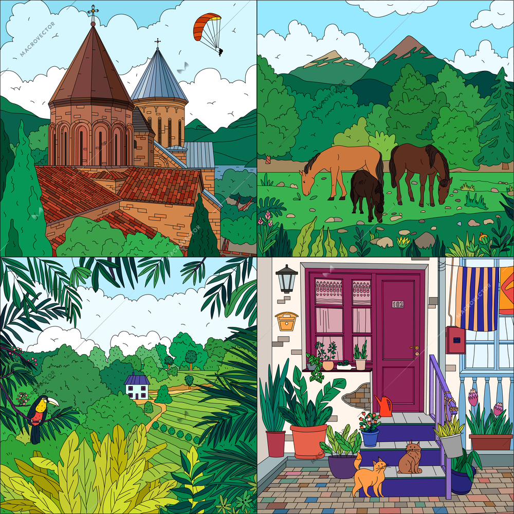 Colored landscape 2x2 icons set with church horses forest house front door flat isolated vector illustration