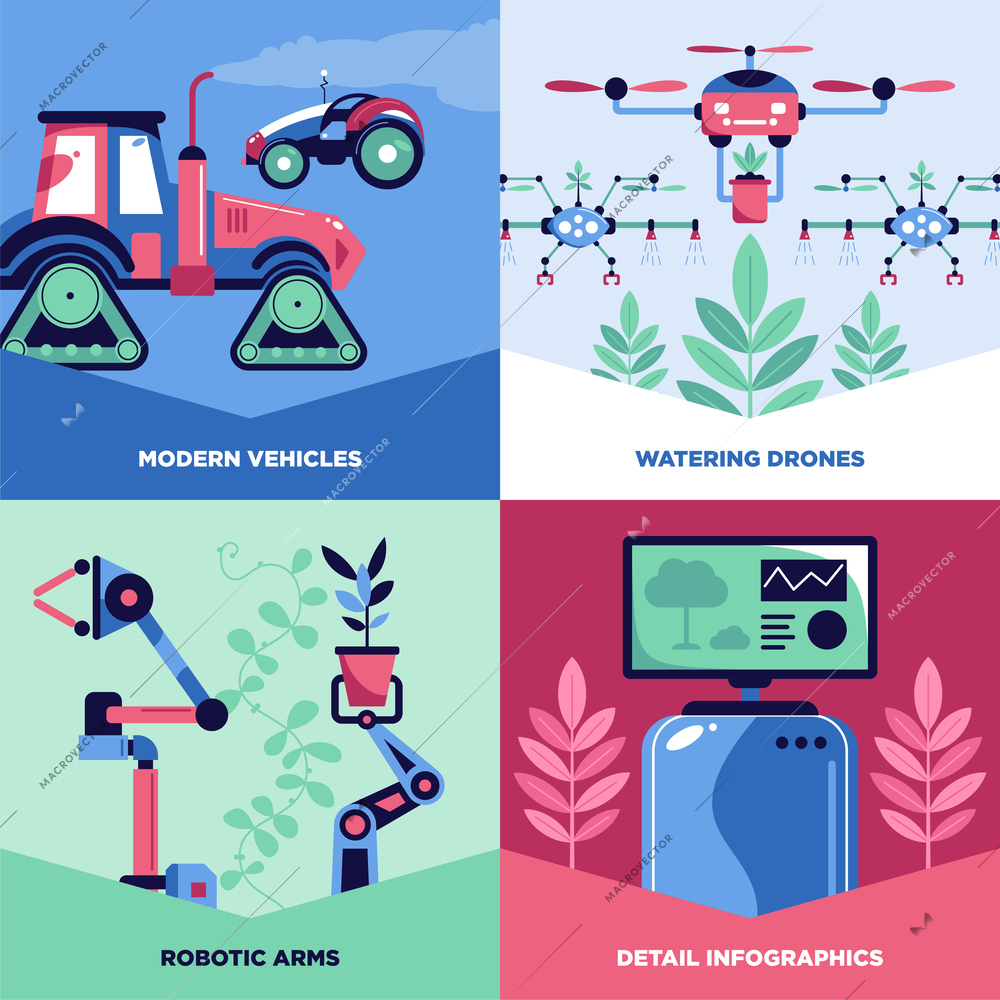 Automated smart garden design concept with set of square banners with text captions and tech images vector illustration