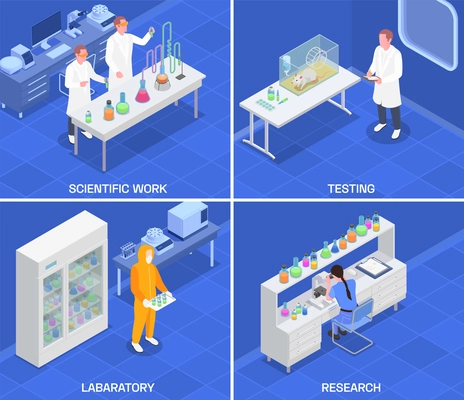 Pharmaceutical production isometric design concept with indoor square compositions of science research lab and laboratory equipment vector illustration