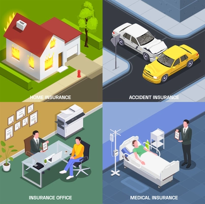 Insurance isometric design concept with set of square compositions with agents office hospital and sudden accidents vector illustration