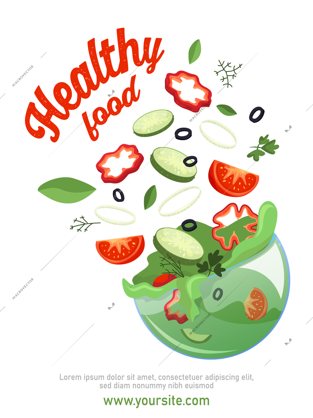 Sliced vegetables poster with pepper cucumber and herbs flat vector illustration