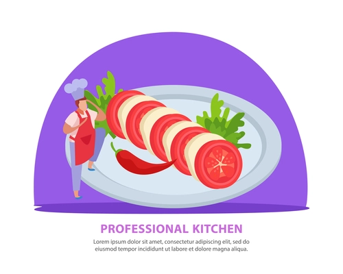 Professional kitchen flat background with editable text and composition of cook character and vegetable cutting dish vector illustration