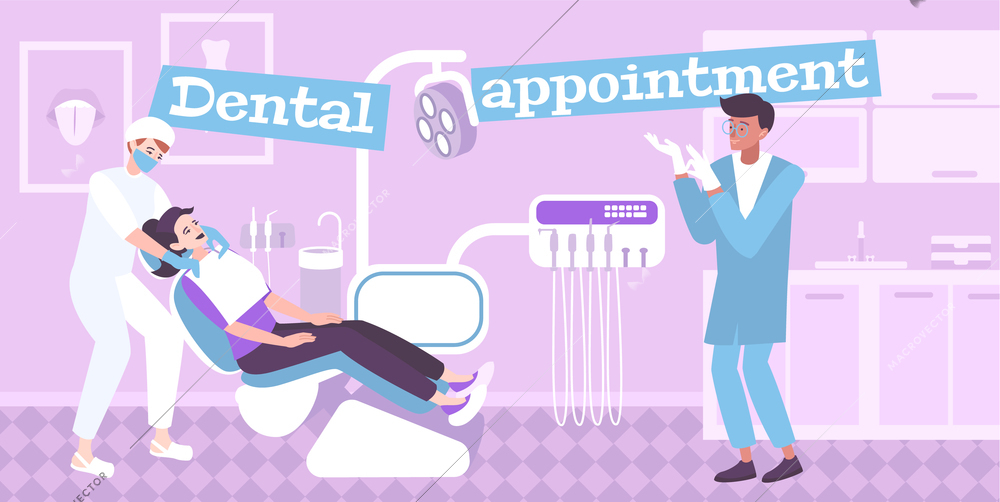 Dentist office flat composition with indoor view of dental clinic office with equipment doctors and patient vector illustration