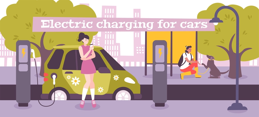 Electric vehicle charging flat composition with text and outdoor landscape with charge point and female driver vector illustration