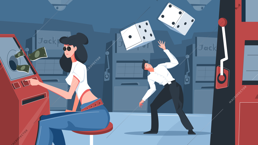 Gambling addiction flat composition with gaming room scenery and slot machines with characters of crazy people vector illustration