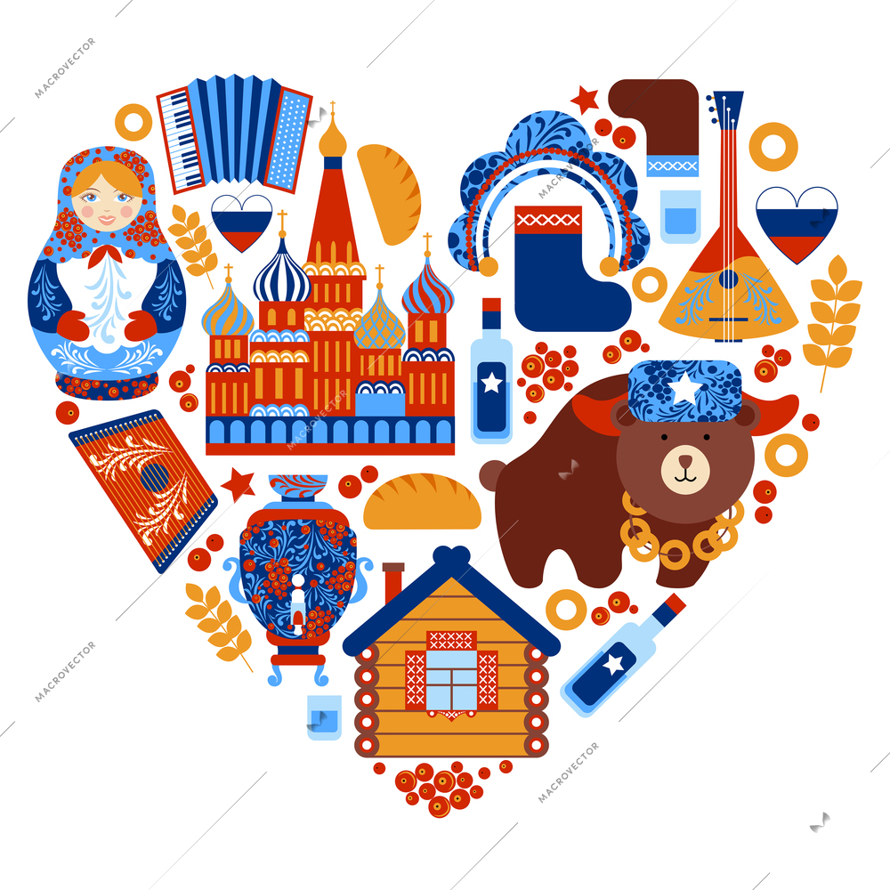 Russia travel heart set with traditional national elements icons set vector illustration