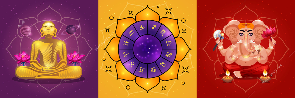 Vastu vedic hindu astrology 3 colorful background posters with ganesha god ritual calendar meditation symbols vector illustration