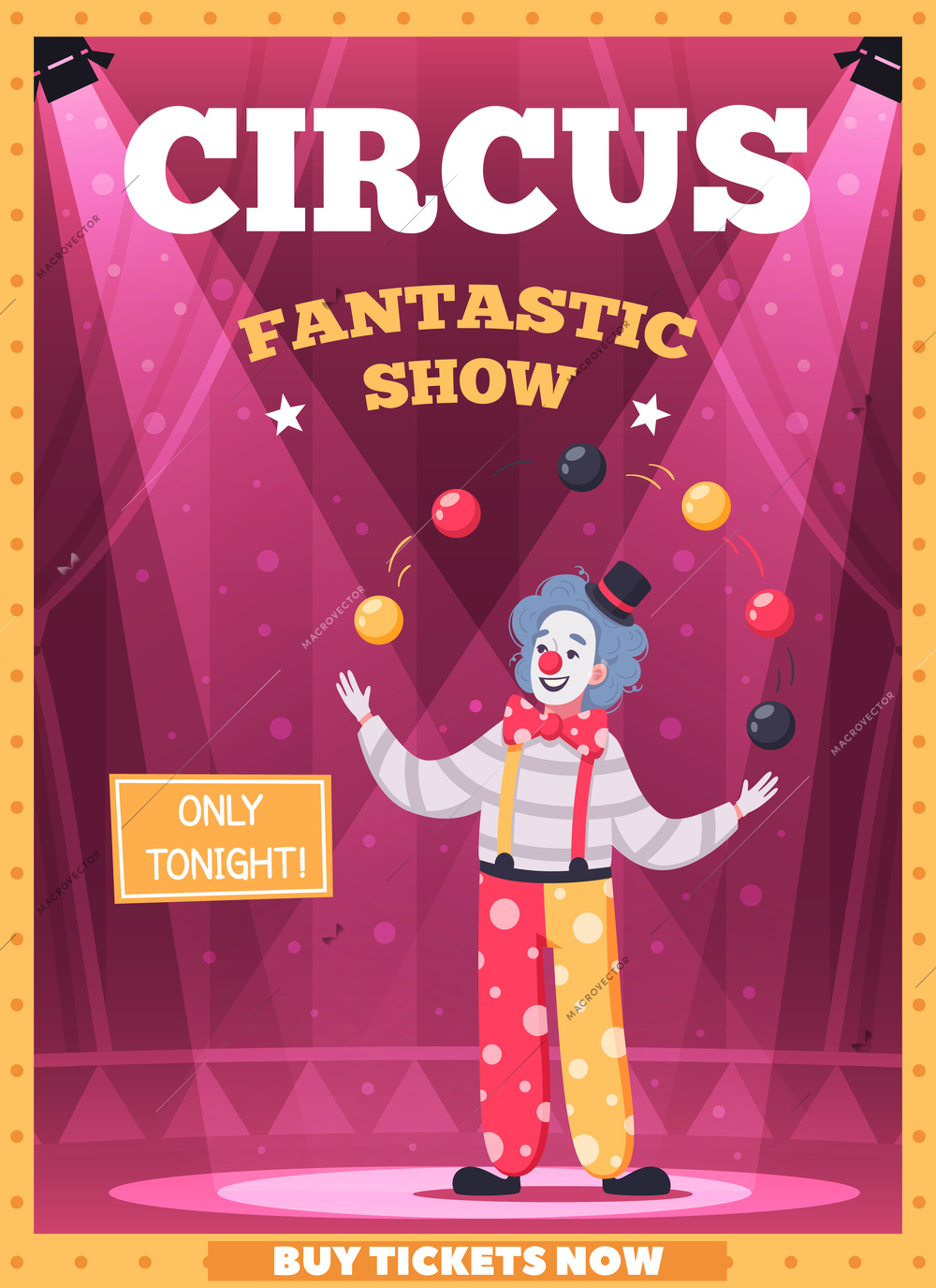 Circus performance poster with fantastic show symbols cartoon vector illustration