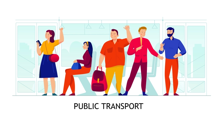 Public transport and people concept with vehicle symbols flat vector illustration