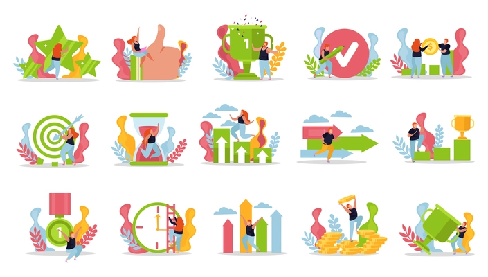 Winner people flat recolor set with isolated compositions of doodle human characters and icons of achievements vector illustration