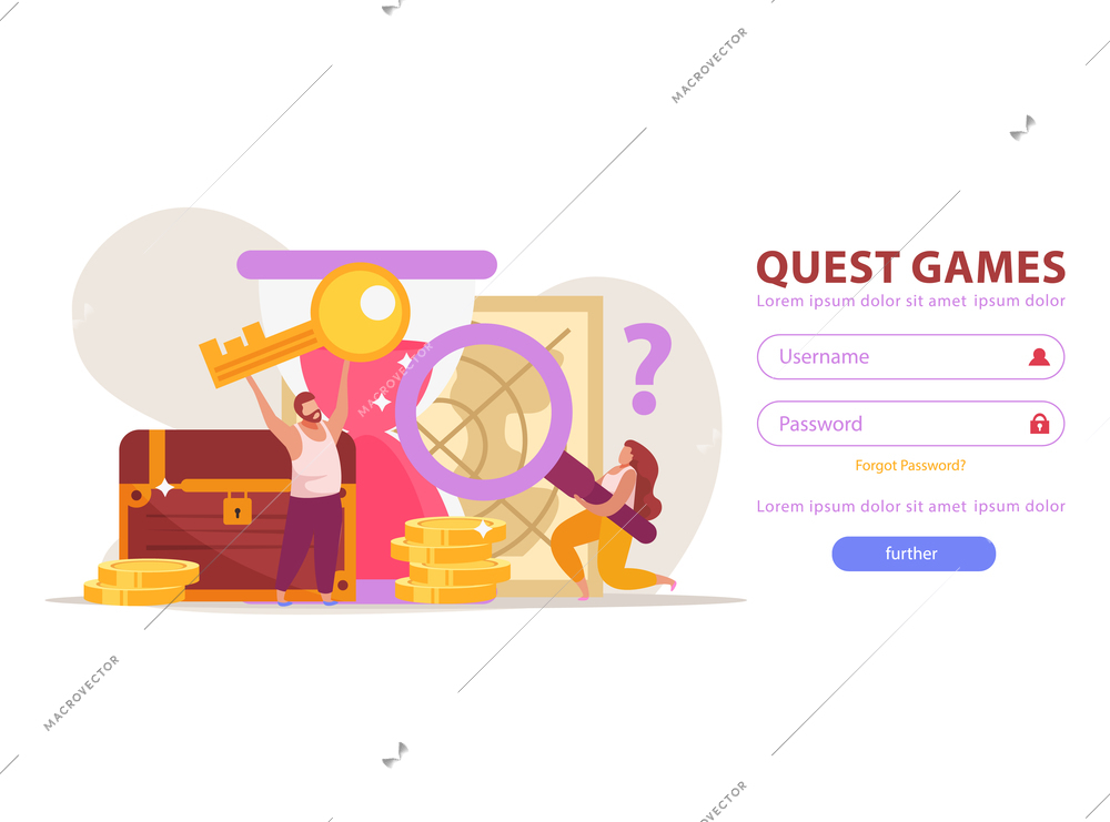 Quest game flat background for web site login page with fields buttons and gaming achievements images vector illustration