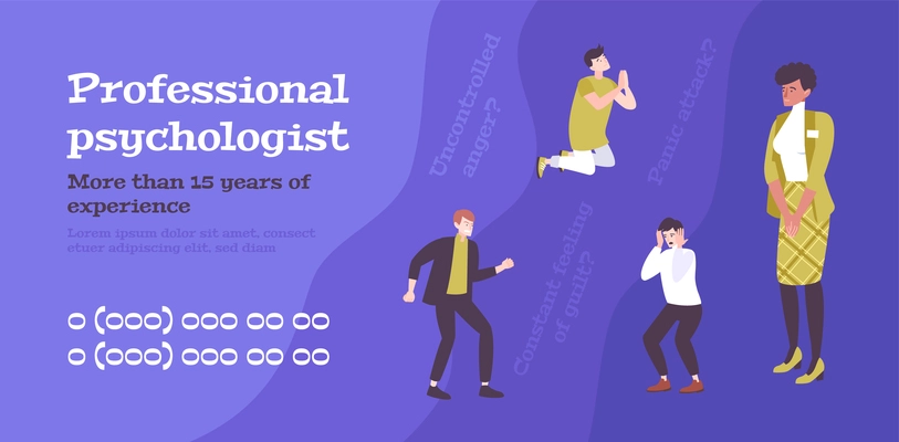 Mental health horizontal banner promoted medical help of professional psychologist flat vector illustration