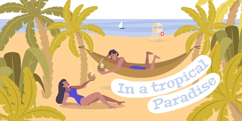Rest in tropical paradise flat background with  sunbathers in hammock on south beach of ocean vector illustration