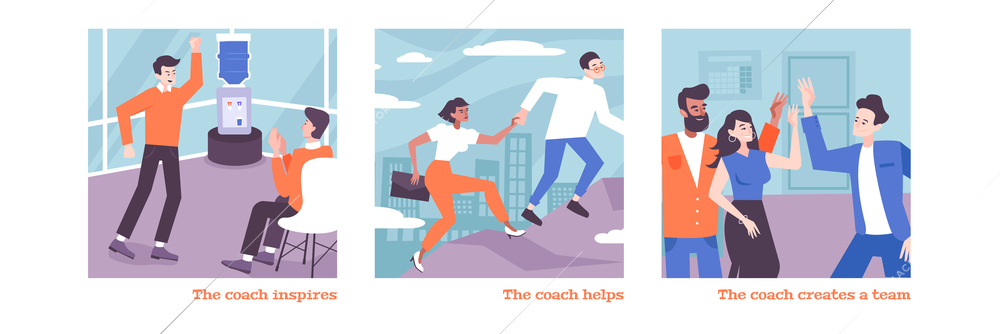 Coaching flat illustrations set with coaches creating team and  inspiring people to start business vector illustration