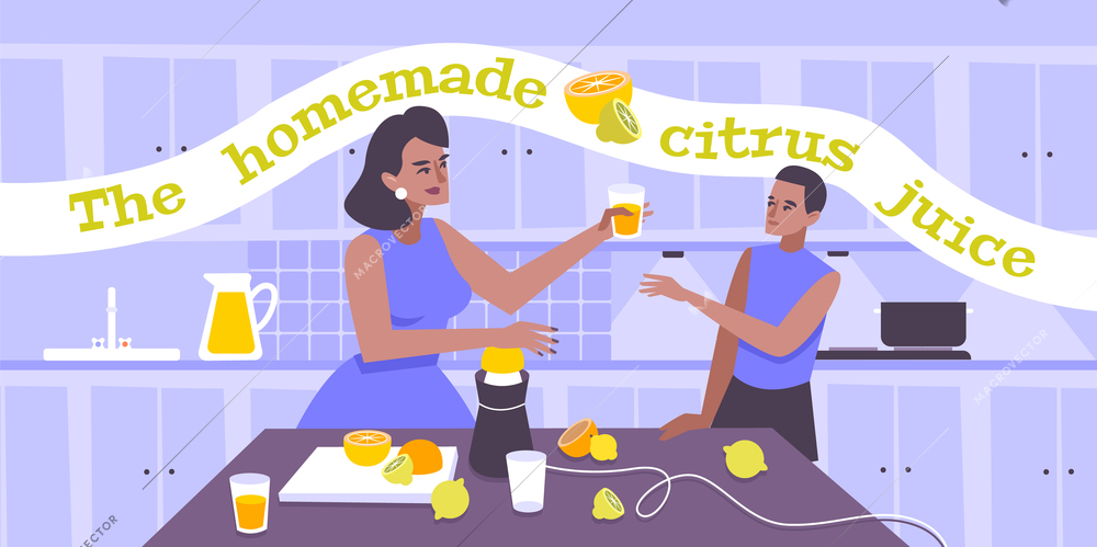 Homemade citrus juice flat background with woman serving glass of natural fresh juice to young man vector illustration