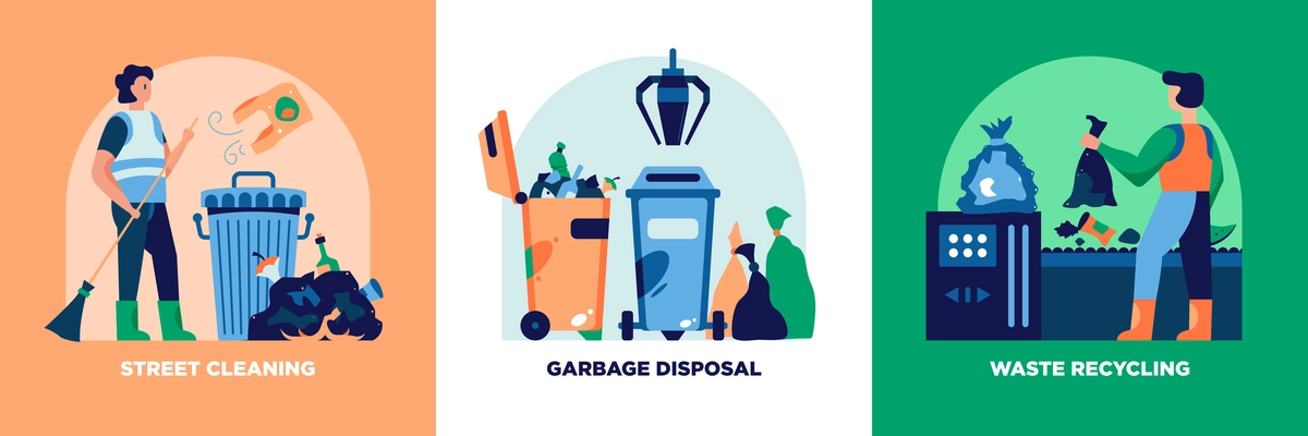 Garbage recycling vertical banners set with garbage disposal symbols flat isolated vector illustration