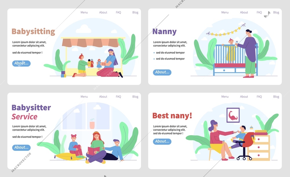 Babysitter service set of horizontal banners with editable text and flat characters of nannies with kids vector illustration