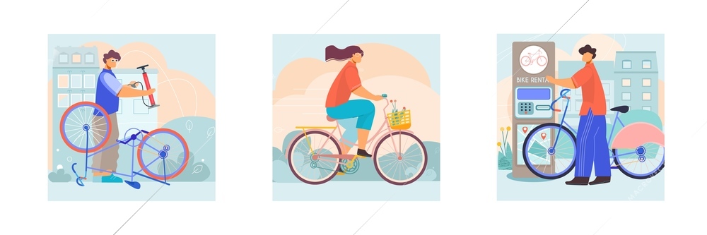 Bicycle 3 flat square compositions with repairman service riding city bike with basket automated rental vector illustration