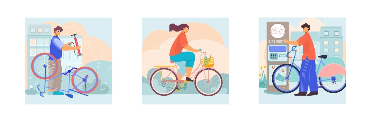 Bicycle 3 flat square compositions with repairman service riding city bike with basket automated rental vector illustration