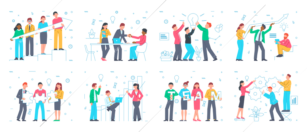 Teamwork set with isolated compositions of silhouette pictograms icons and doodle human characters of fellow workers vector illustration