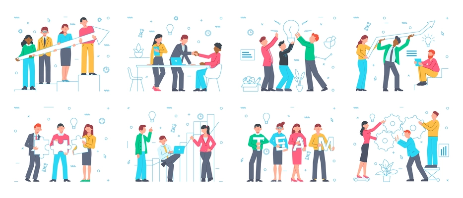 Teamwork set with isolated compositions of silhouette pictograms icons and doodle human characters of fellow workers vector illustration