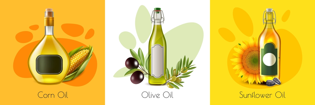 Isolated realistic oil product design concept with corn olive and sunflower oils mockup vector illustration