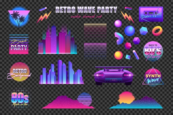 Realistic retro wave party transparent set with neon icons logos artwork elements skyscrapers and car images vector illustration