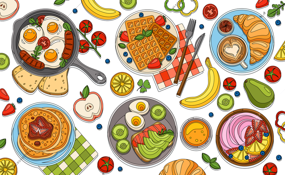 Coloring breakfast composition with set of isolated fruit slices waffles and scrambled eggs on blank background vector illustration