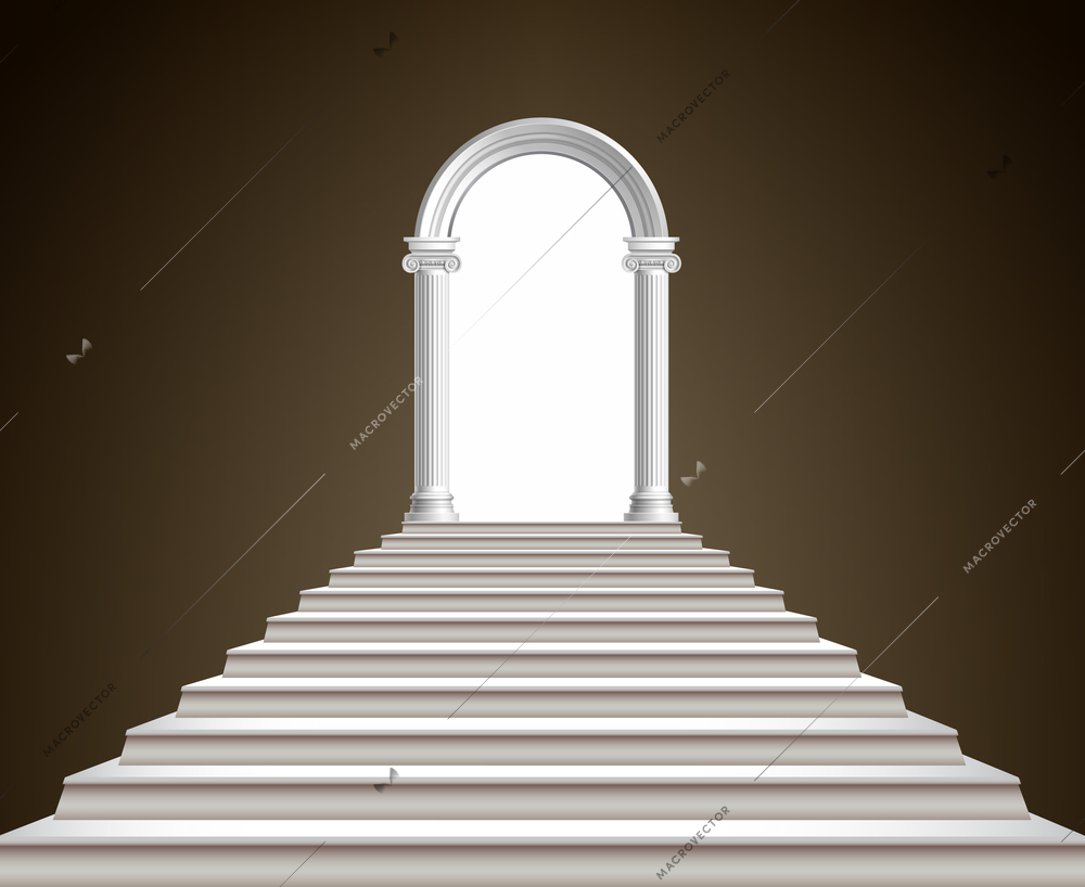 Realistic antique ionic column marble arch with staircase vector illustration