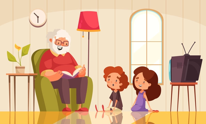 Grandpa reading a book background with grandchildren listening flat vector illustration