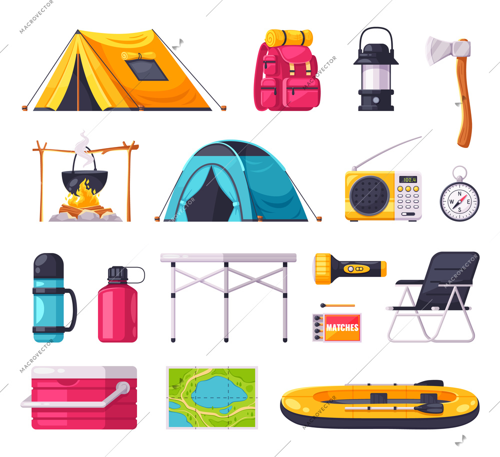 Camping Set Cartoon Tent Map Boat Vector Illustration 55973 | Macrovector