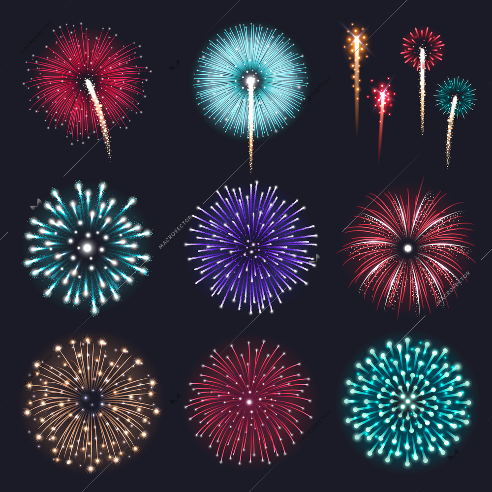 Set of realistic sparkling colored fireworks isolated on black background vector illustration