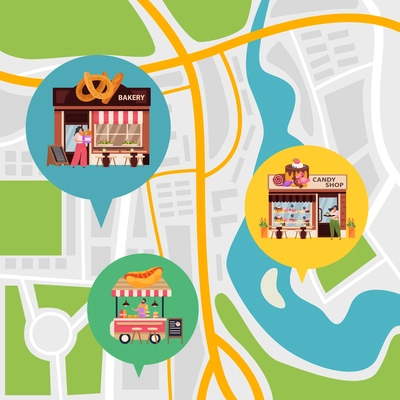 Small business background with city map and locations symbols flat vector illustration