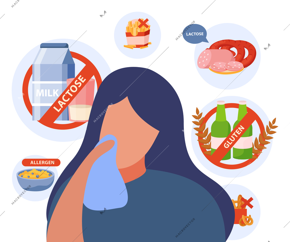 Lactose and gluten allergen concept with health problem symbols flat vector illustration