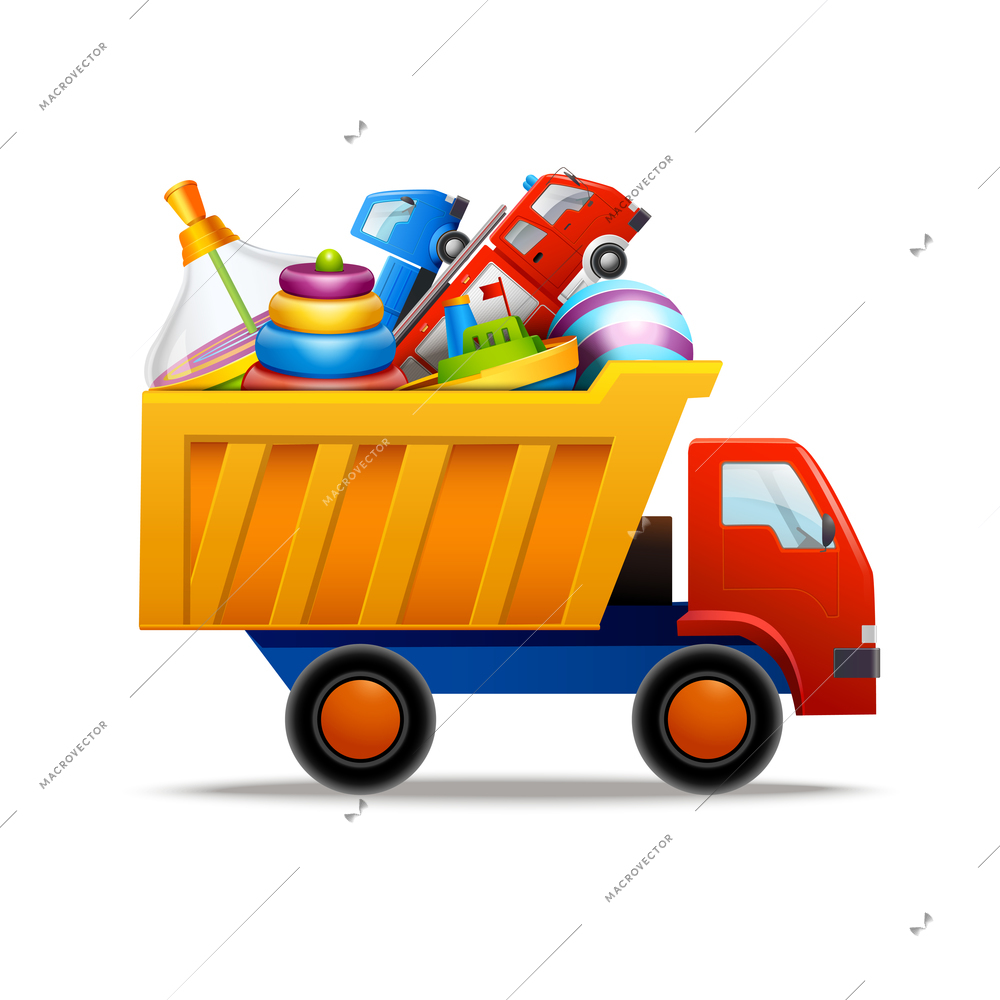 Decorative children toys set in plastic truck isolated on white background vector illustration