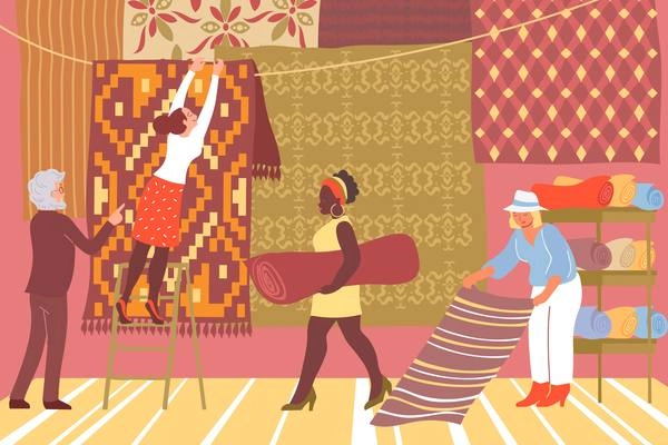 People choosing goods in carpet shop flat vector illustration