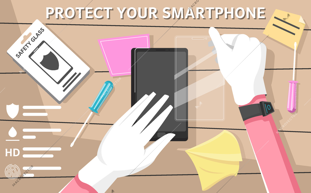 Smartphone safety glass composition with text and flat images of protective screen kit essentials with tips vector illustration