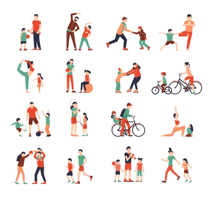 Family sport color set of isolated icons and human characters of kids doing fitness with parents vector illustration