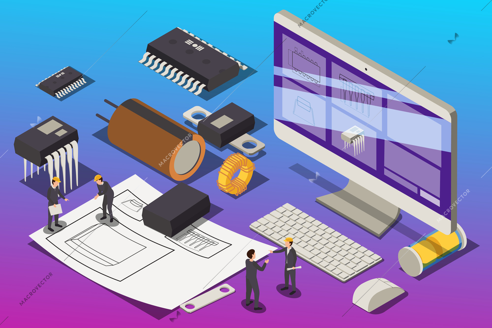 Semiconductor element production isometric composition with project working place computer and small workers with silicon chips vector illustration