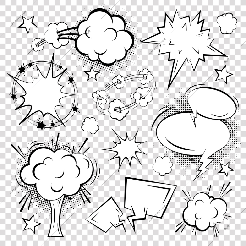 Comic outline blank text speech bubbles on squared background set vector illustration