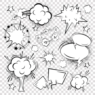 Comic outline blank text speech bubbles on squared background set vector illustration